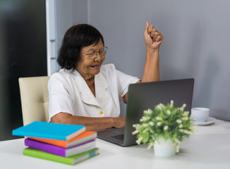 successful senior woman working on laptop with arms raised