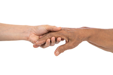 old and young female hand isolated on white background