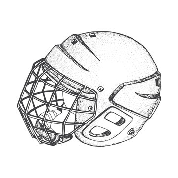 Hockey Helmet with mask. Side view. Sports Vector illustration isolated on white background. Ice hockey sports equipment. Hand drawn helmet in sketch style..