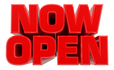 3D NOW OPEN word on white background 3d rendering