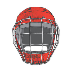 Naklejka premium Hockey Helmet with mask. Side view. Sports Vector illustration isolated on white background. Ice hockey sports equipment. Hand drawn red helmet in cartoon style..