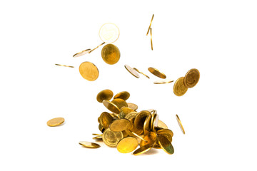 Movement of falling gold coin, flying coin, rain money isolated on white background, business and financial wealth and take profit concept.