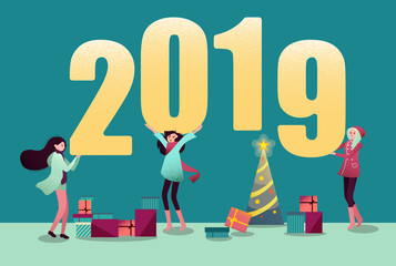 Happy 2019 New Year card with Christmas tree, girls and gifts.