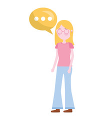young woman with eyeglasses and speech bubble