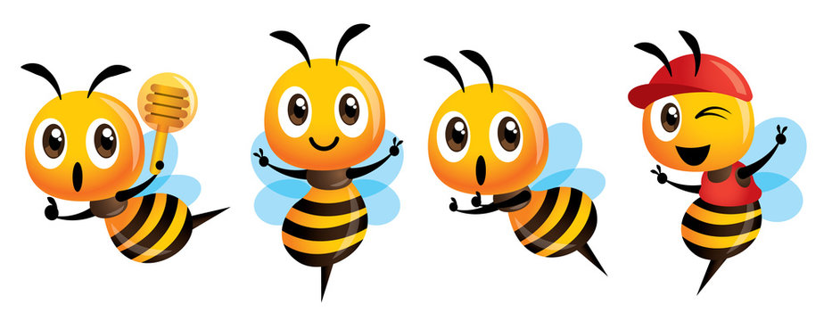 Cartoon cute bee mascot set. Cartoon cute bee showing victory sign, holding a honey dipper and wearing cap. Vector illustration isolated