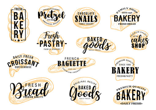 Bakery shop, bread and patisserie pastry lettering