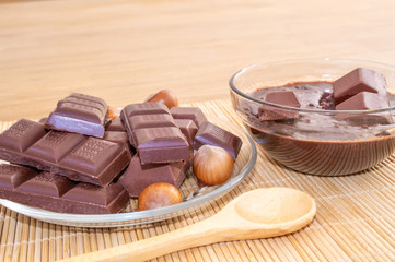 Chocolate slices and hot melted chocolate. Chocolate with hazelnuts. Nuts of hazelnuts.