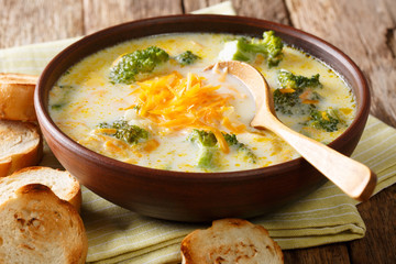 Spicy thick creamy broccoli cheese soup in a bowl with toast close-up. horizontal