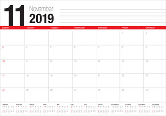 November 2019 desk calendar vector illustration