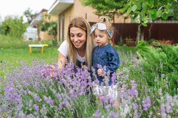 Mom and her little daughter is amoung flowers of lavender
