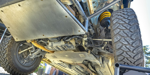 Under chassis showing the mechanism of a car