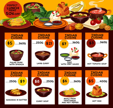 Indian cuisine dishes lunch menu