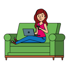 young woman at sofa with laptop and smartphone