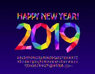 Vector Colorful Patchwark Greeting Card Happy New Year 2019. Rainbow bright Alphabet Letters, Numbers and Symbols. Geometric Font