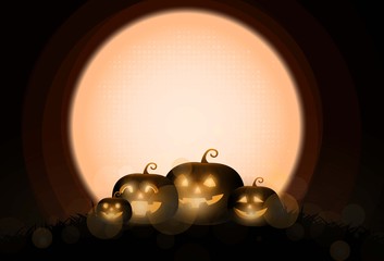 Dark Cute halloween pumpkins and big moon. vector illustration.
