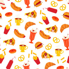 Vector Seamless Pattern with Sketch Doodle Food and Drinks Elements.