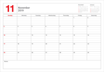 November 2019 desk calendar vector illustration
