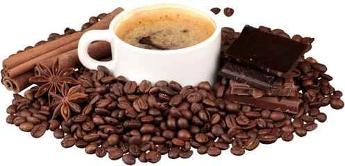 Cup of hot coffee with beans and cinnamon sticks on white