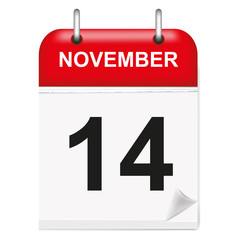 Daily single-leaf calendar, red spine, 3d, month of November,forteenth,14, 14th
