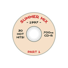 Music concept T-shirt print design. Old School DJ tee with CD and sign - summer mix 1997. 90s funny badge. Stock vector printing emblem isolated on white background