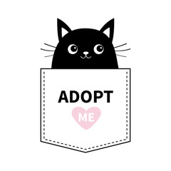 Cat black face in the pocket. Adopt me. Pink heart. Cute cartoon animals. Kitten kitty character. Dash line. Pet animal collection. T-shirt design. Baby background. Isolated. Flat design