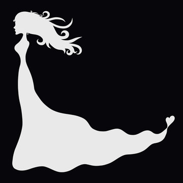 Beautiful young woman in a long dress, silhouette with hearts, feelings