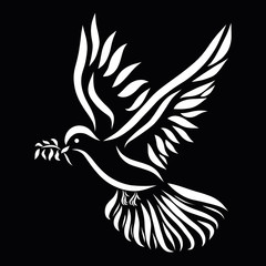 Obraz premium Flying dove with a twig in its beak, white pattern on a black background