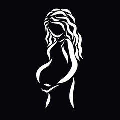 Young pregnant woman, silhouette of white lines on a black background