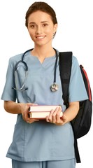 Obraz premium Female healthcare worker wearing scrubs and carrying textbooks