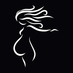 Pregnant young woman, white pattern on black background