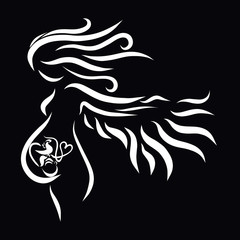 Emotional drawing, winged pregnant woman with baby and umbilical cord inside, black background