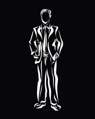 Young businessman in classic suit with documents in hands, black background