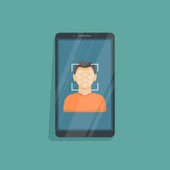 Face recognition and identification,  concept. Face ID, face recognition system, mobile app. Phone with biometric identification man's face on the screen. Vector illustration  