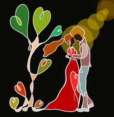 A couple in love, near a romantic tree, a kiss in the light of the moon, a heart as a gift