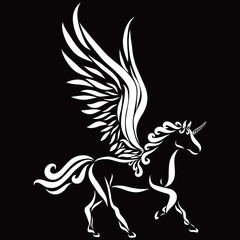 Graceful unicorn with wings, black background and white pattern