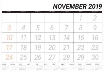 November 2019 desk calendar vector illustration