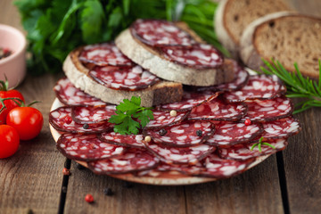 delicious sausage sliced in a plate
