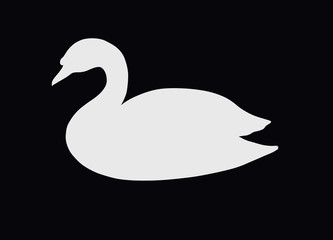 White silhouette of a swimming swan on a black background