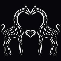 Fototapeta na wymiar Romantic giraffes, kiss and heart, pattern on a black background