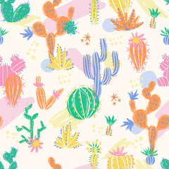 Vector illustration of hand drawn cactus. Seamless pattern. Brig