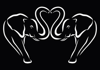 Heart and romantic elephants, white sketch on a black background
