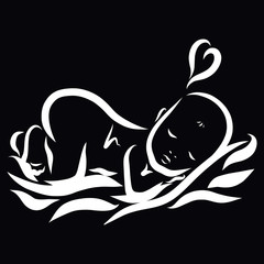 Baby sleeping on belly and heart, white on black