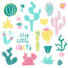 Fototapeta na wymiar Collection of hand drawn cactus. Bright exotic succulents