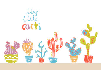 Collection of hand drawn cactus in pots. Bright exotic succulent