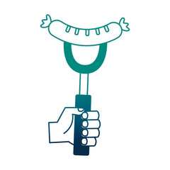 hand with delicious sausage frankfurter in fork