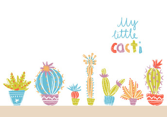Collection of hand drawn cactus in pots. Bright exotic succulent