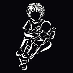 A small child cares carefully for the baby, the youngest and the elder