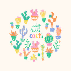 Vector illustration of hand drawn cactus. Round composition. Bri