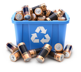 Batteries in blue recycle crate on white background 