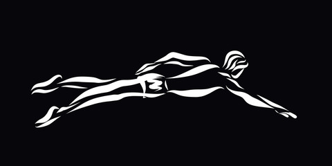 Obraz na płótnie Canvas Swimming man, white sketch on a black background